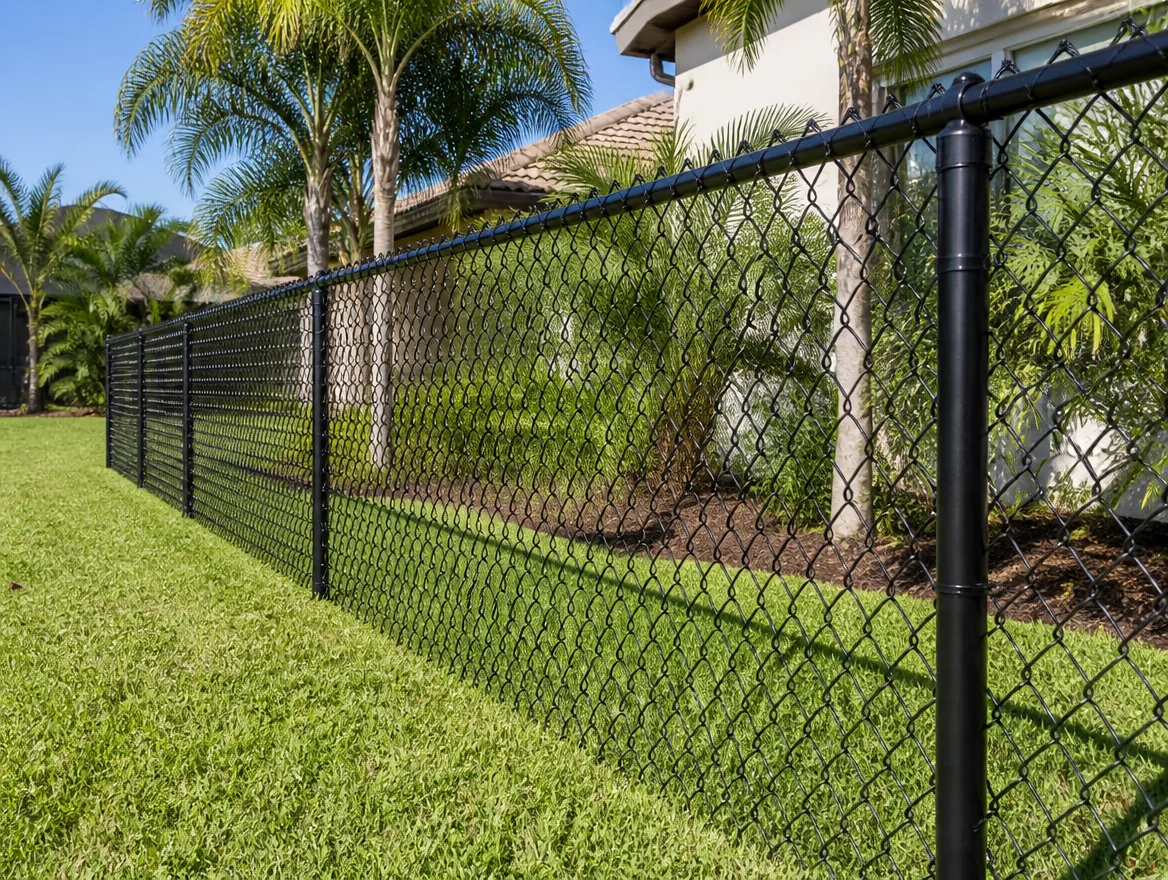 Black chain link fence with black mesh, posts and top rail