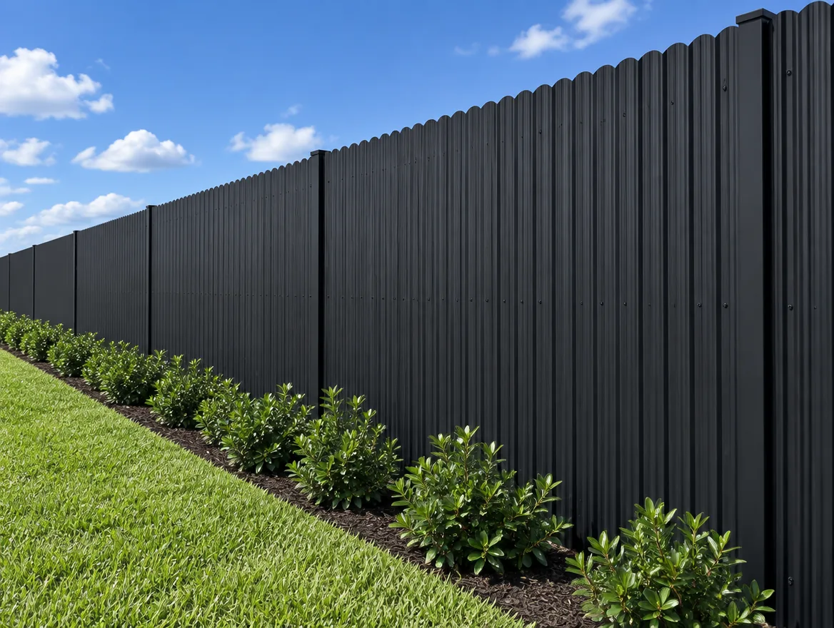 Black Dura Fence steel privacy fence with rounded plank tops