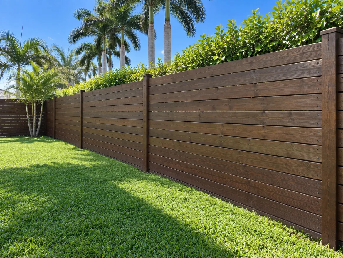 Wood privacy fence with horizontal boards in a Southwest Florida backyard